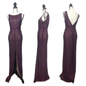 Alice + Olivia Gemma Maxi Plum Lace Overlay Floor Length Front Slit Back Plunge